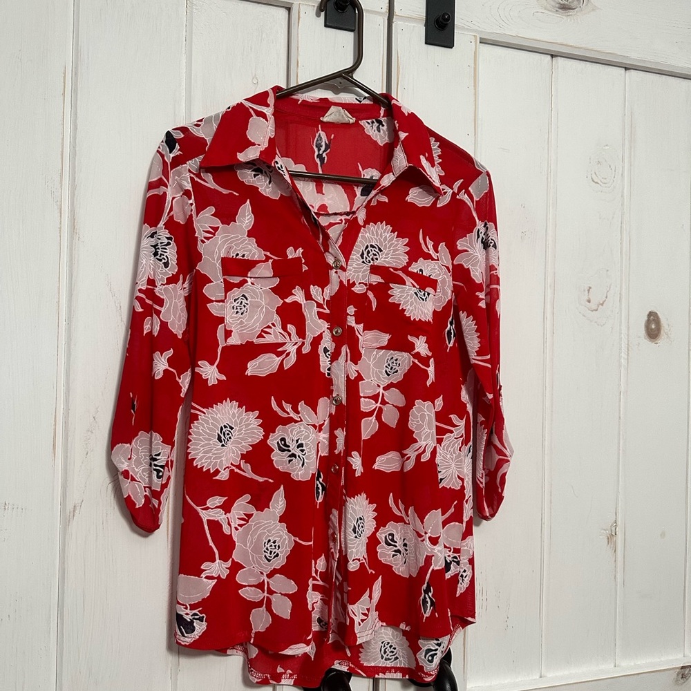 Red Button Down Blouse with Floral Print Semi-Sheer